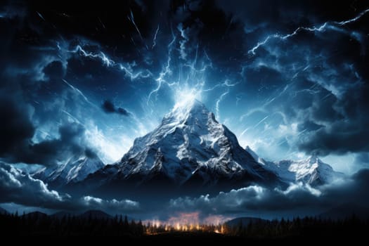 An awe-inspiring image of a mountain hit by lightning against the backdrop of the Milky Way galaxy by Generative AI.