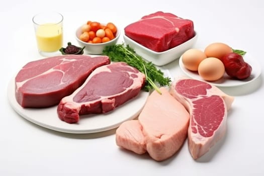 Different types of raw meat steaks. Beef striploin, salmon and chicken breast. Isolated on white background. AI Generated