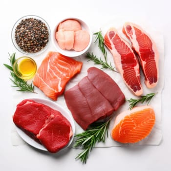 Different types of raw meat steaks. Beef striploin, salmon and chicken breast. Isolated on white background. AI Generated