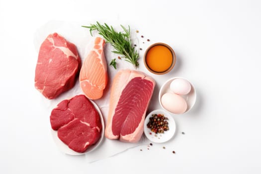 Different types of raw meat steaks. Beef striploin, salmon and chicken breast. Isolated on white background. AI Generated