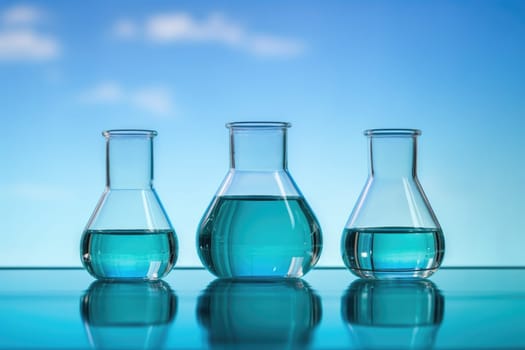 Laboratory equipment beakers and flasks with blue liquids with backlight in different group. AI Generated
