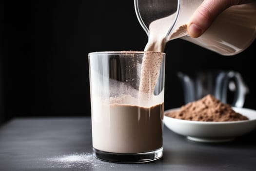 Healthy banana protein shake in mason jar on dark background. AI Generated