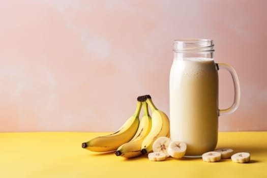 Healthy banana protein shake in mason jar on colorful background. AI Generated