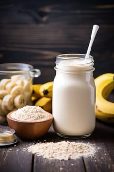 Healthy banana protein shake in mason jar on dark background. AI Generated