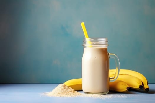 Healthy banana protein shake in mason jar on dark background. AI Generated