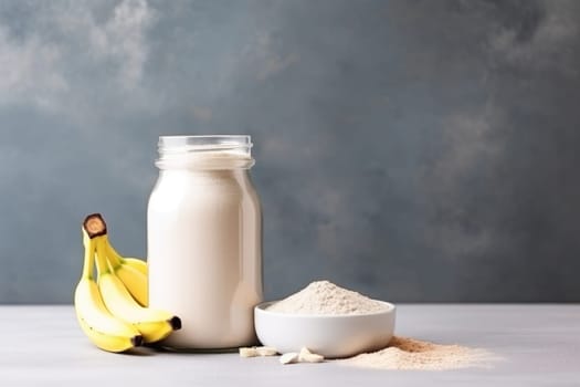 Healthy banana protein shake in mason jar on dark background. AI Generated