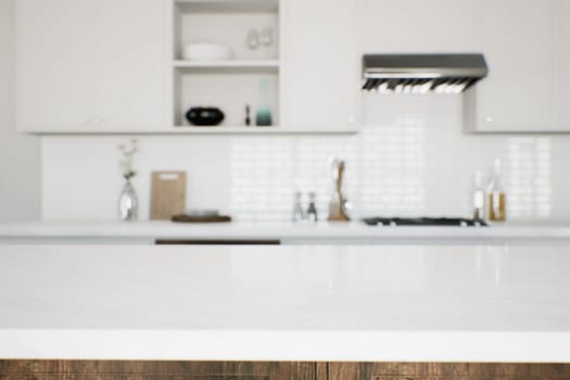 Focus on the marble countertop against the backdrop of kitchen appliances and utensils. Stylish traditional kitchen with wooden fixtures. 3D rendering