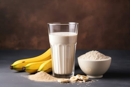 Healthy banana protein shake in mason jar on dark background. AI Generated