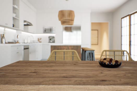 Focus on dining wooden table, empty space for your goods. White kitchen in the background with appliances and utensils. 3d rendering