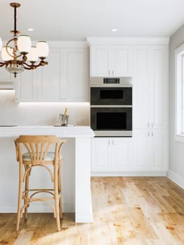 Traditional white kitchen with long island and wooden chairs with varnished wood flooring. Classic kitchen with large chandeliers and kitchen appliances. 3d rendering