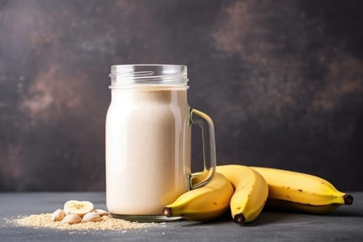 Healthy banana protein shake in mason jar on dark background. AI Generated