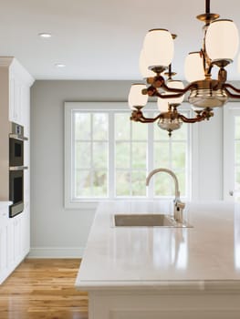 Traditional white kitchen with long island and wooden chairs with varnished wood flooring. Classic kitchen with large chandeliers and kitchen appliances. 3d rendering