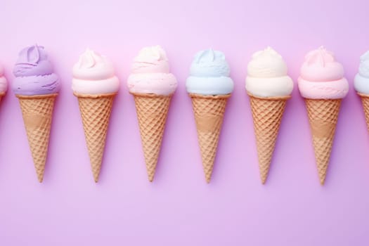 Set of various ice cream scoops in waffle cones isolated on purple. AI Generated