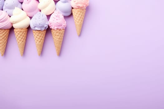 Set of various ice cream scoops in waffle cones isolated on purple. AI Generated