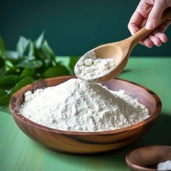 Collagen powder in wooden bowl with spoon on natural green background. AI Generated