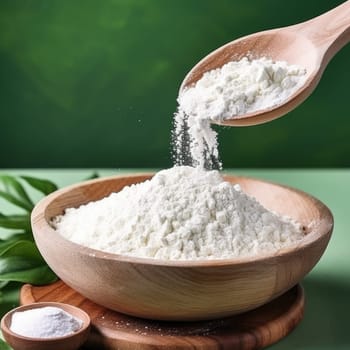 Collagen powder in wooden bowl with spoon on natural green background. AI Generated