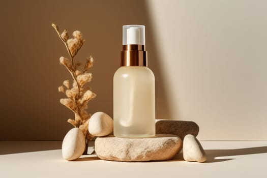 skincare. glass Cosmetic bottle on stone podium beige background with copy space. AI Generated