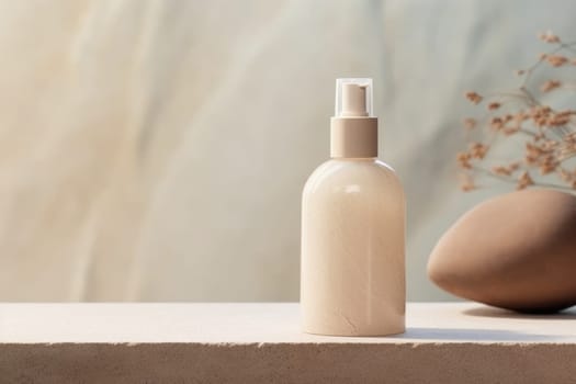 skincare. glass Cosmetic bottle on stone podium beige background with copy space. AI Generated