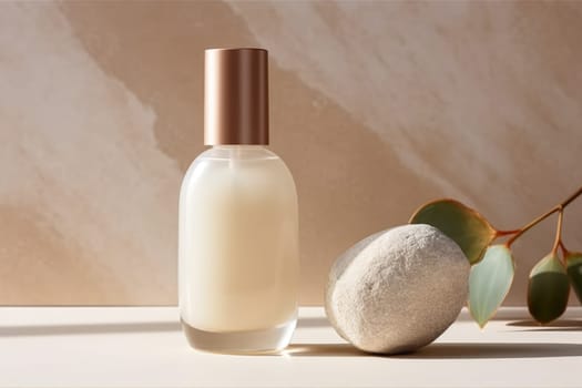 skincare. glass Cosmetic bottle on stone podium beige background with copy space. AI Generated