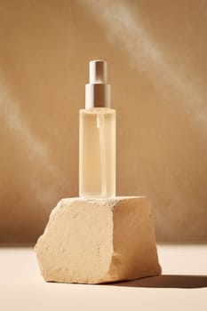 skincare. glass Cosmetic bottle on stone podium beige background with copy space. AI Generated