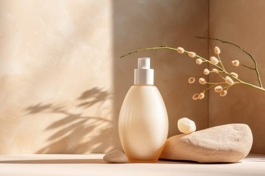 skincare. glass Cosmetic bottle on stone podium beige background with copy space. AI Generated