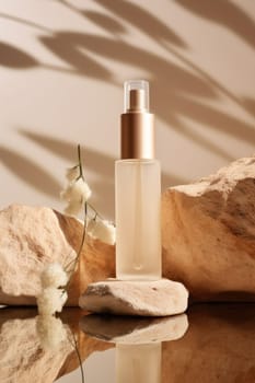 skincare. glass Cosmetic bottle on stone podium beige background with copy space. AI Generated