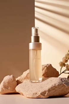 skincare. glass Cosmetic bottle on stone podium beige background with copy space. AI Generated