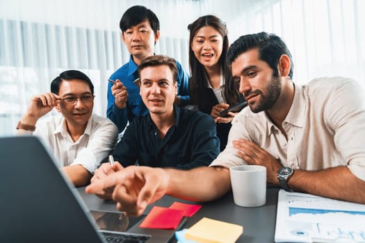 Group of diverse office worker employee working together on strategic business marketing planning in corporate office room. Positive teamwork in business workplace concept. Prudent