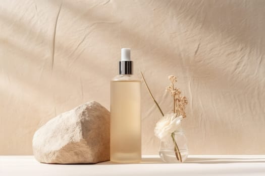 skincare. glass Cosmetic bottle on stone podium beige background with copy space. AI Generated