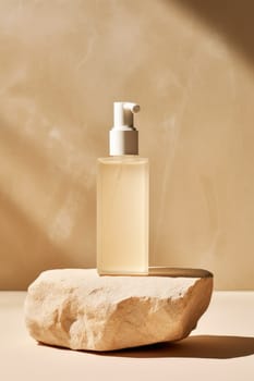 skincare. glass Cosmetic bottle on stone podium beige background with copy space. AI Generated