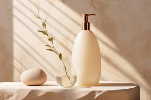 skincare. glass Cosmetic bottle on stone podium beige background with copy space. AI Generated