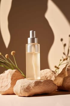 skincare. glass Cosmetic bottle on stone podium beige background with copy space. AI Generated
