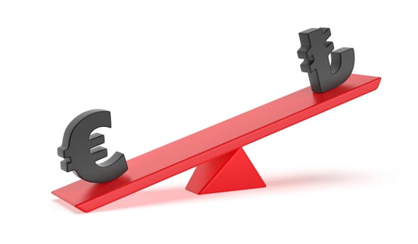 Euro versus Turkish lira on seesaw. Concept image for imbalance between currencies.