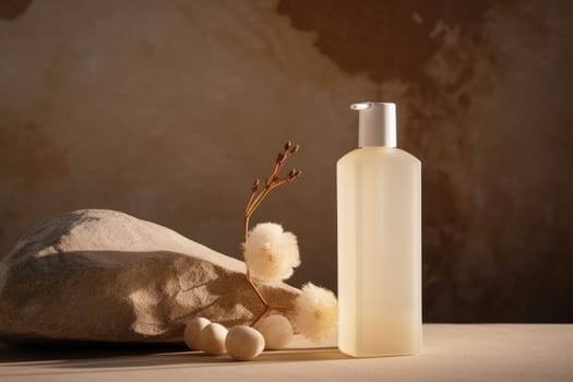 skincare. glass Cosmetic bottle on stone podium beige background with copy space. AI Generated