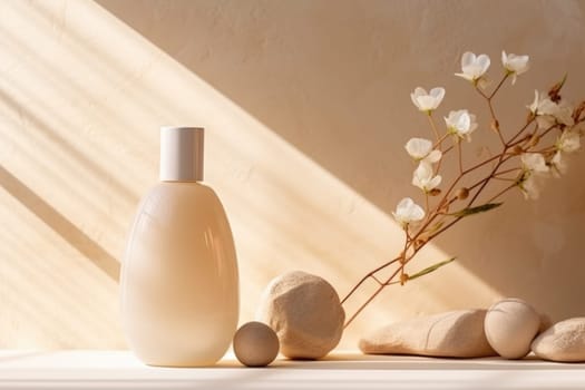 skincare. glass Cosmetic bottle on stone podium beige background with copy space. AI Generated