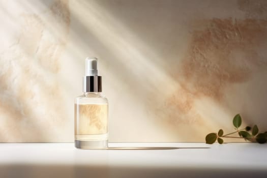 skincare. glass Cosmetic bottle on stone podium beige background with copy space. AI Generated