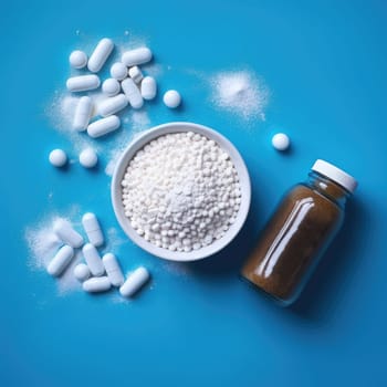 Collagen powder and pills on blue background. Top view. AI Generated