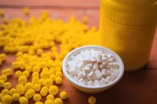 Collagen powder and pills on yellow background. Top view. AI Generated