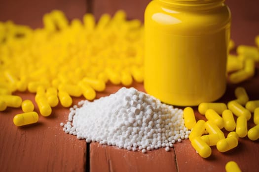 Collagen powder and pills on yellow background. Top view. AI Generated