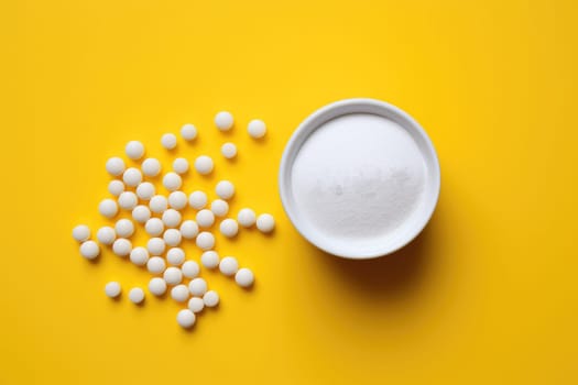 Collagen powder and pills on yellow background. Top view. AI Generated