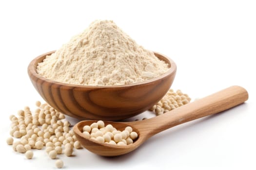 Plant base protein. Pea Protein Powder in plastic scoop with fresh green Peas on white Background, isolated. AI Generated