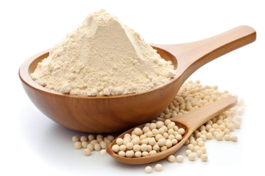 Plant base protein. Pea Protein Powder in plastic scoop with fresh green Peas on white Background, isolated. AI Generated
