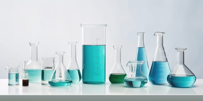 Laboratory equipment beakers and flasks with blue liquids with backlight in different group. AI Generated