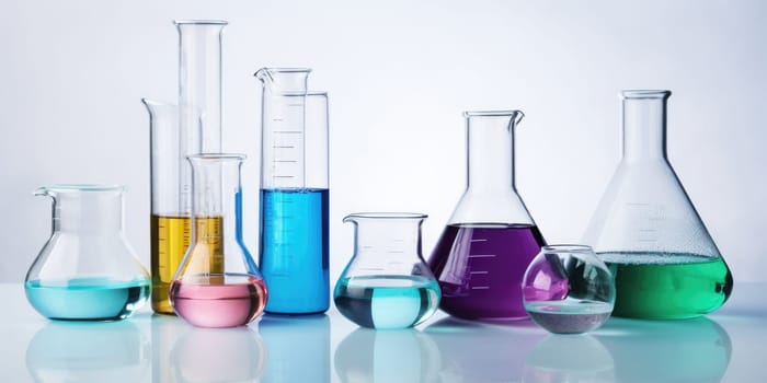 Laboratory equipment beakers and flasks with colorful liquids with backlight in different group. AI Generated