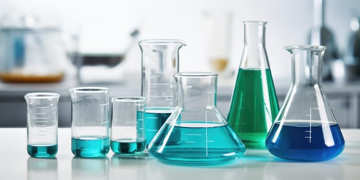 Laboratory equipment beakers and flasks with blue liquids with backlight in different group. AI Generated