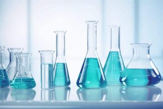 Laboratory equipment beakers and flasks with blue liquids with backlight in different group. AI Generated