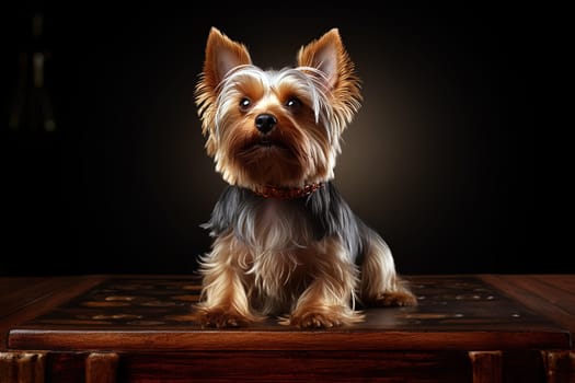 Yorkshire terrier puppy. close-up portrait, against the background of nature. Ai generative art