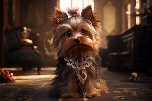 Yorkshire terrier puppy. close-up portrait, against the background of nature. Ai generative art