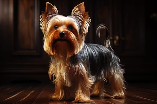 cute Yorkshire Terrier puppy, close-up portrait, against a wooden wall, Ai generative art