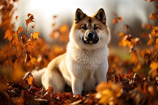 portrait of a American akita dog lying on autumn foliage, natural light, outdoors, warm filter, ai generative art